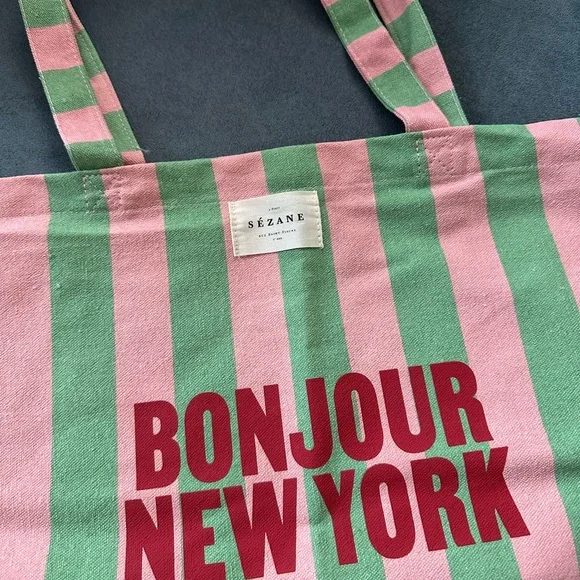 Sezane Bonjour New York Recycled Cotton Tote in Pink/Green - Picture 3 of 6